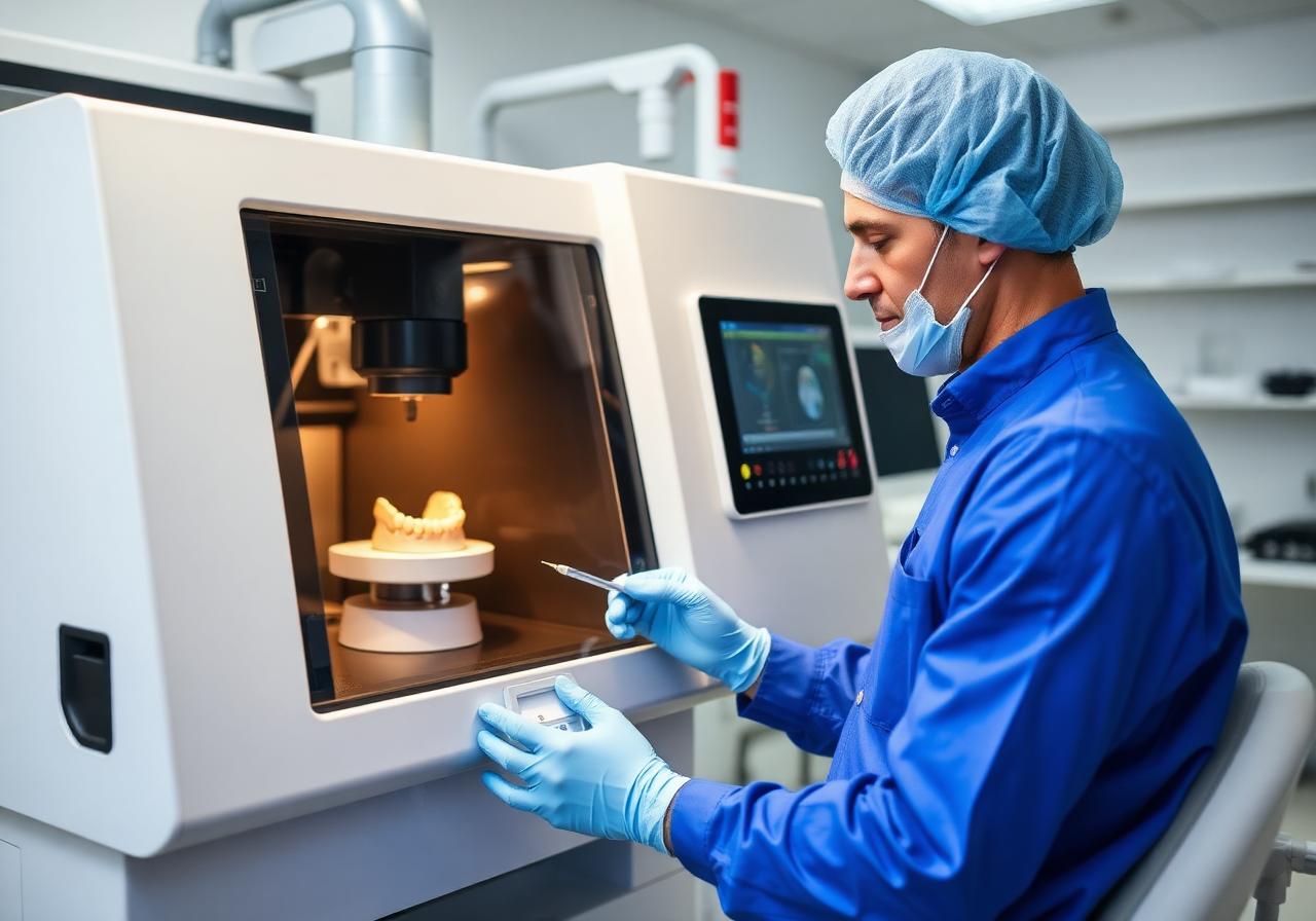 Prothésiste dentaire au travail sur usineuse CFAO